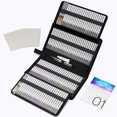 مجموعة أقلام الألوان المائية CHROMATEK 108 - لوحة مكونة من 15 صفحة وسلسلة دروس فيديو عبر الإنترنت - 5 Aquapens - 100 لون - لوازم فنية احترافية in Kuwait