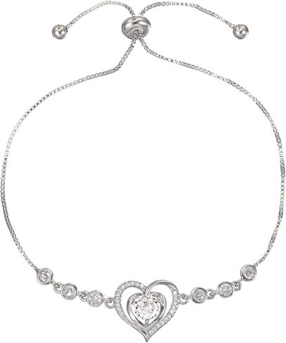 925 Sterling Silver Heart Bracelet for Women Teen Girls, Zircon Inlay Love Heart Charm Chain Bracelet Bangle with Adjustable Length in Saudi Arabia