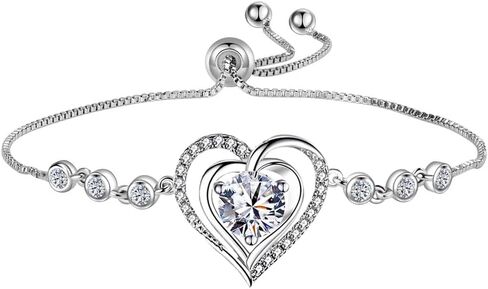 925 Sterling Silver Heart Bracelet for Women Teen Girls, Zircon Inlay Love Heart Charm Chain Bracelet Bangle with Adjustable Length in Saudi Arabia