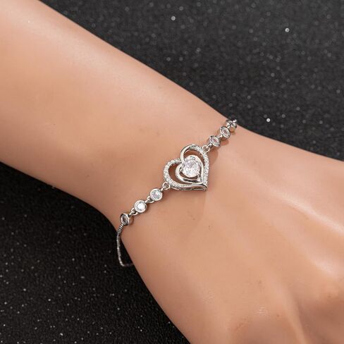 925 Sterling Silver Heart Bracelet for Women Teen Girls, Zircon Inlay Love Heart Charm Chain Bracelet Bangle with Adjustable Length in Saudi Arabia