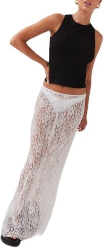 Women Lace Long Skirt Satin High Waist A-line Midi Skirt Y2K Summer Elegant Beach Party Maxi Skirts in Kuwait