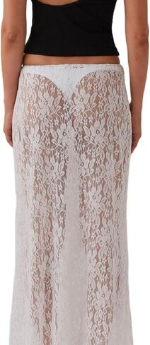 Women Lace Long Skirt Satin High Waist A-line Midi Skirt Y2K Summer Elegant Beach Party Maxi Skirts in Kuwait