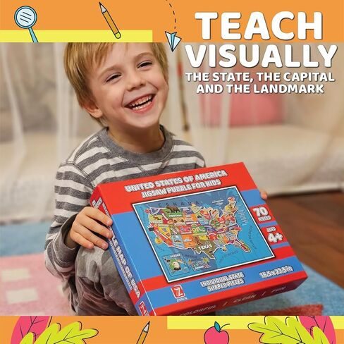 United States Kids Jigsaw Puzzles Map 70 Pieces – USA States Capital Geography Educational Puzzle for Kids Floor Game– American Maps for Toddlers Ages 4-8, 8-10, 5-8, 8-12, 10-12 (United States Map) in Saudi Arabia