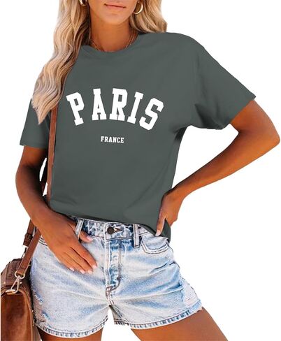 باريس قمصان فرنسا بلايز للنساء الجرافيك المحملة خمر إلكتروني طباعة تي شيرت باريس تحت عنوان الهدايا ملابس علوية من القطن in Kuwait