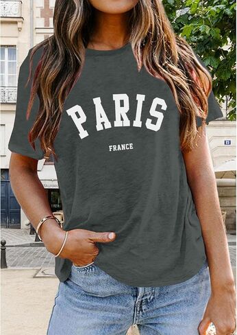 باريس قمصان فرنسا بلايز للنساء الجرافيك المحملة خمر إلكتروني طباعة تي شيرت باريس تحت عنوان الهدايا ملابس علوية من القطن in Kuwait