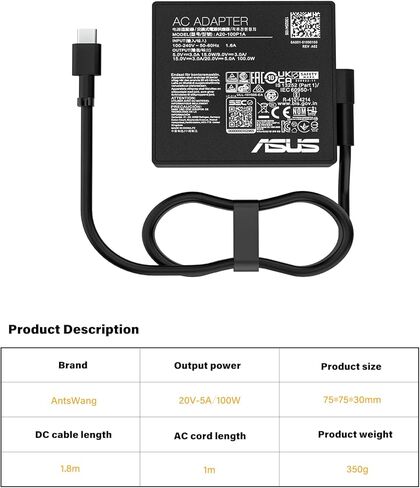 شاحن كمبيوتر محمول USB C 100 واط لجهاز Asus Rog Flow A20-100P1A Z13 X13 GZ301 GZ301Z GV301 GV301Q GV301R لـ ZenBook 14 14X UX425QA UM425QA UM5401QA نوع C محول شحن سريع محول التيار الكهربائي in Kuwait