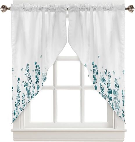 Turquoise Flower Leaves Swag Curtains for Living Room/Kitchen/Bedroom/Bathroom, Swag Valance Curtains Short Half Kitchen Topper Curtains Window Swag 2 Panels 28''x36'' Fall Country Elegant Dragonfly in Saudi Arabia