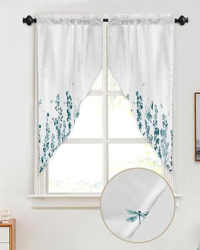 Turquoise Flower Leaves Swag Curtains for Living Room/Kitchen/Bedroom/Bathroom, Swag Valance Curtains Short Half Kitchen Topper Curtains Window Swag 2 Panels 28''x36'' Fall Country Elegant Dragonfly in Saudi Arabia