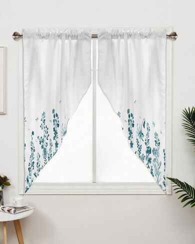 Turquoise Flower Leaves Swag Curtains for Living Room/Kitchen/Bedroom/Bathroom, Swag Valance Curtains Short Half Kitchen Topper Curtains Window Swag 2 Panels 28''x36'' Fall Country Elegant Dragonfly in Saudi Arabia