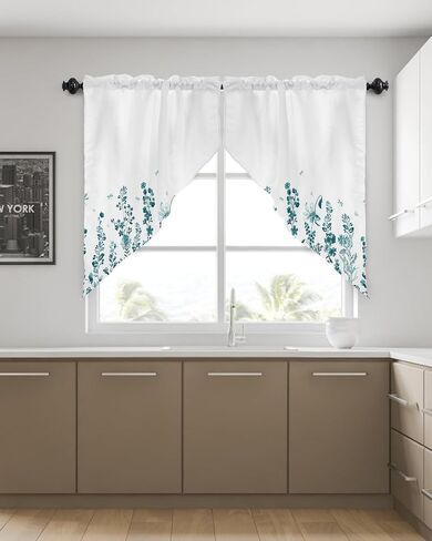 Turquoise Flower Leaves Swag Curtains for Living Room/Kitchen/Bedroom/Bathroom, Swag Valance Curtains Short Half Kitchen Topper Curtains Window Swag 2 Panels 28''x36'' Fall Country Elegant Dragonfly in Saudi Arabia