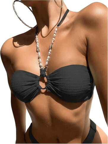 Women's Bandeau O Ring Halter Bikini Top Sleeveless Wireless Bra Bathing Suit Tops in Saudi Arabia
