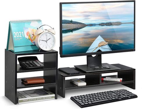 Estink Computer Monitor Stand Riser with Drawers, Universal Wooden Adjustable Laptop TV Desktop Monitor Stand, Storage Organizer Sit + 3-Layer Shelf for Laptop PC Computer Durable and Sturdy (Black) in Saudi Arabia