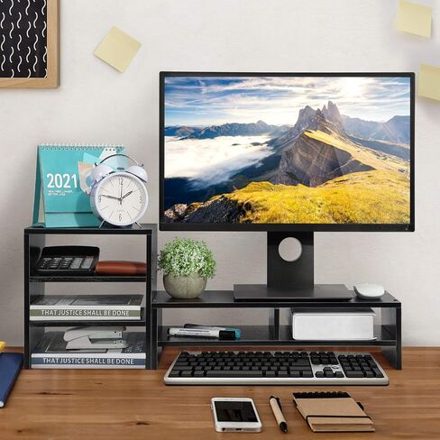 Estink Computer Monitor Stand Riser with Drawers, Universal Wooden Adjustable Laptop TV Desktop Monitor Stand, Storage Organizer Sit + 3-Layer Shelf for Laptop PC Computer Durable and Sturdy (Black) in Saudi Arabia