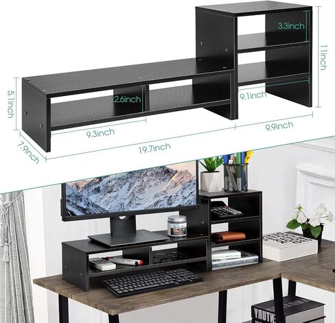 Estink Computer Monitor Stand Riser with Drawers, Universal Wooden Adjustable Laptop TV Desktop Monitor Stand, Storage Organizer Sit + 3-Layer Shelf for Laptop PC Computer Durable and Sturdy (Black) in Saudi Arabia