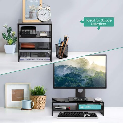 Estink Computer Monitor Stand Riser with Drawers, Universal Wooden Adjustable Laptop TV Desktop Monitor Stand, Storage Organizer Sit + 3-Layer Shelf for Laptop PC Computer Durable and Sturdy (Black) in Saudi Arabia