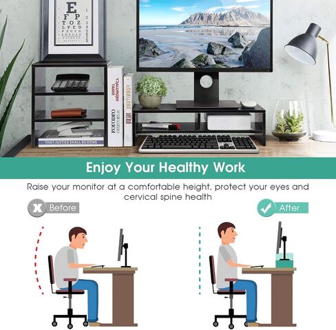 Estink Computer Monitor Stand Riser with Drawers, Universal Wooden Adjustable Laptop TV Desktop Monitor Stand, Storage Organizer Sit + 3-Layer Shelf for Laptop PC Computer Durable and Sturdy (Black) in Saudi Arabia