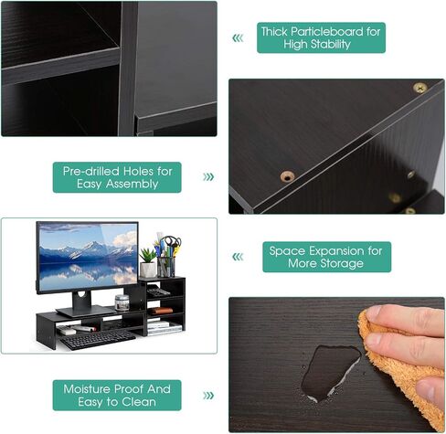 Estink Computer Monitor Stand Riser with Drawers, Universal Wooden Adjustable Laptop TV Desktop Monitor Stand, Storage Organizer Sit + 3-Layer Shelf for Laptop PC Computer Durable and Sturdy (Black) in Saudi Arabia