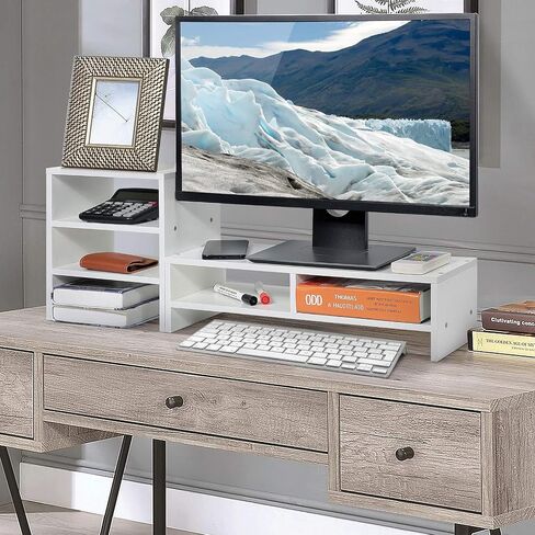 Estink Computer Monitor Stand Riser with Drawers, Universal Wooden Adjustable Laptop TV Desktop Monitor Stand, Storage Organizer Sit + 3-Layer Shelf for Laptop PC Computer Durable and Sturdy (Black) in Saudi Arabia