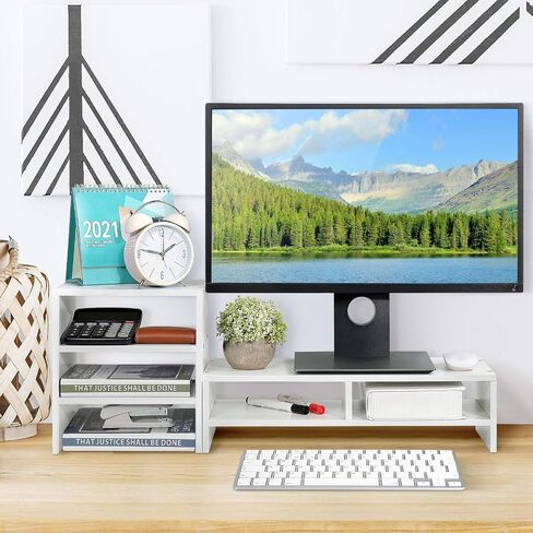 Estink Computer Monitor Stand Riser with Drawers, Universal Wooden Adjustable Laptop TV Desktop Monitor Stand, Storage Organizer Sit + 3-Layer Shelf for Laptop PC Computer Durable and Sturdy (Black) in Saudi Arabia