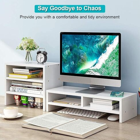 Estink Computer Monitor Stand Riser with Drawers, Universal Wooden Adjustable Laptop TV Desktop Monitor Stand, Storage Organizer Sit + 3-Layer Shelf for Laptop PC Computer Durable and Sturdy (Black) in Saudi Arabia