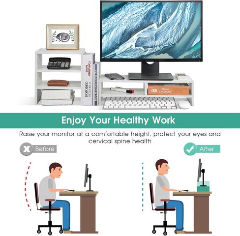 Estink Computer Monitor Stand Riser with Drawers, Universal Wooden Adjustable Laptop TV Desktop Monitor Stand, Storage Organizer Sit + 3-Layer Shelf for Laptop PC Computer Durable and Sturdy (Black) in Saudi Arabia