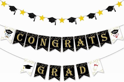 Congrats Grad Graduation Banner, Black and Gold Graduation Backdrop 2024 Prom Night Banner Hanging Decoration for Grad Party College High School Home Party Supplies in Saudi Arabia