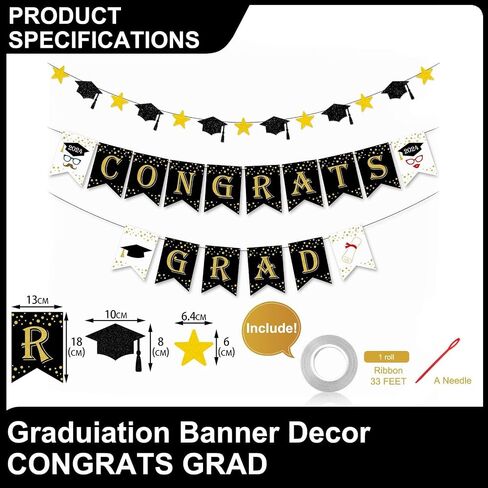 Congrats Grad Graduation Banner, Black and Gold Graduation Backdrop 2024 Prom Night Banner Hanging Decoration for Grad Party College High School Home Party Supplies in Saudi Arabia
