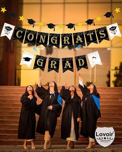 Congrats Grad Graduation Banner, Black and Gold Graduation Backdrop 2024 Prom Night Banner Hanging Decoration for Grad Party College High School Home Party Supplies in Saudi Arabia