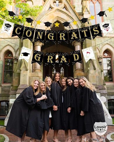 Congrats Grad Graduation Banner, Black and Gold Graduation Backdrop 2024 Prom Night Banner Hanging Decoration for Grad Party College High School Home Party Supplies in Saudi Arabia