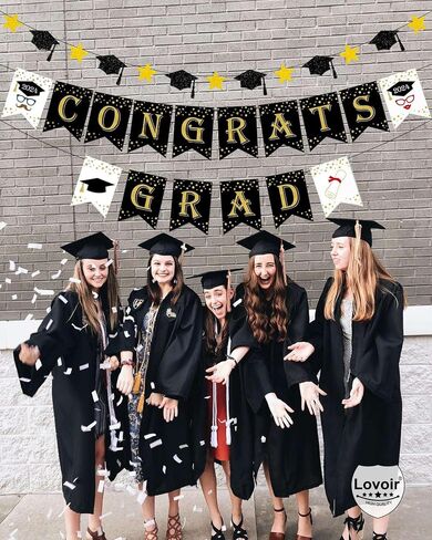 Congrats Grad Graduation Banner, Black and Gold Graduation Backdrop 2024 Prom Night Banner Hanging Decoration for Grad Party College High School Home Party Supplies in Saudi Arabia