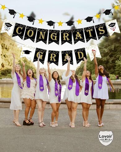Congrats Grad Graduation Banner, Black and Gold Graduation Backdrop 2024 Prom Night Banner Hanging Decoration for Grad Party College High School Home Party Supplies in Saudi Arabia