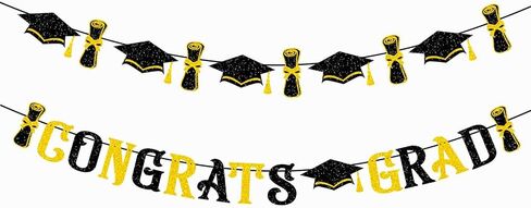 Congrats Grad Graduation Banner, Black and Gold Graduation Backdrop 2024 Prom Night Banner Hanging Decoration for Grad Party College High School Home Party Supplies in Saudi Arabia