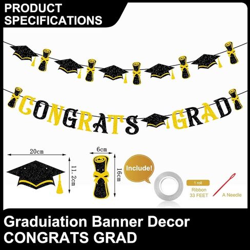 Congrats Grad Graduation Banner, Black and Gold Graduation Backdrop 2024 Prom Night Banner Hanging Decoration for Grad Party College High School Home Party Supplies in Saudi Arabia