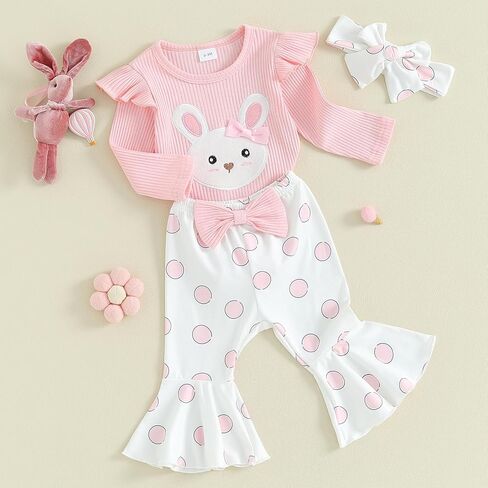 My First Easter Baby Girl Outfit Newborn Easter Pants Set Rabbit Romper Bodysuit and Bell Bottom Pants Headband in Saudi Arabia