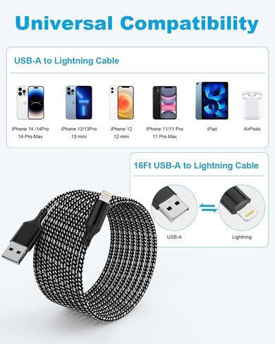 6M/16 FT Extra Long iPhone Charger Cord, Braided iPhone Charger Fast Charging USB to Lightning Cable for iPhone 14/13/12/11, iPad - Black in Saudi Arabia