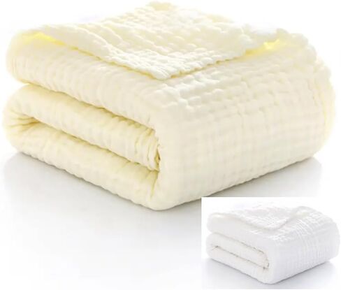 بطانيات قماط من الموسلين للأطفال من Nazbella للأولاد والبنات، لفافة ناعمة حريرية مكونة من قطعتين من بطانية قماط من الموسلين القطني العضوي، قابلة للتنفس وصديقة للبشرة. (أصفر-أبيض) in Kuwait