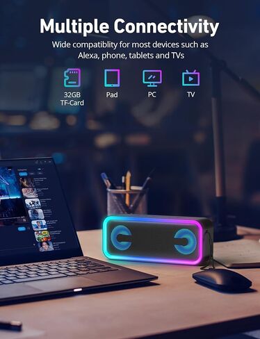 مكبر صوت بلوتوث محمول من LENRUE (Upgrad) مع صوت 20 وات، وقت تشغيل 15 ساعة، عرض ضوئي، اقتران لاسلكي، مقاوم للماء IPX5 للمنزل والخارج والسفر (أسود) in Kuwait