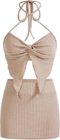 GORGLITTER Women's 2 Piece Ribbed Knit Outfits Twist Front Halter Crop Top and Bodycon Mini Skirts Matching Set in Saudi Arabia