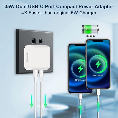 محول طاقة مدمج بمنفذ USB-C مزدوج بقدرة 35 وات PD قابل للطي USB من النوع C قابس شاحن حائط سريع لأجهزة Android وiPhone 15 14 13 12 11 Pro Max Plus Mini وiPad in Saudi Arabia
