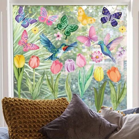 34PCS Window Clings Butterfly Mushroom Leaf Hummingbird for Glass Windows,Anti-Collision Window Decals to Save Birds Strike Prevention,Non Adhesive Prismatic, Rainbow Suncatcher Stickers in Saudi Arabia