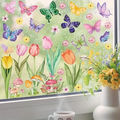 34PCS Window Clings Butterfly Mushroom Leaf Hummingbird for Glass Windows,Anti-Collision Window Decals to Save Birds Strike Prevention,Non Adhesive Prismatic, Rainbow Suncatcher Stickers in Saudi Arabia