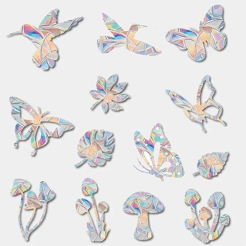 34PCS Window Clings Butterfly Mushroom Leaf Hummingbird for Glass Windows,Anti-Collision Window Decals to Save Birds Strike Prevention,Non Adhesive Prismatic, Rainbow Suncatcher Stickers in Saudi Arabia