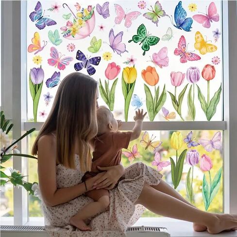 34PCS Window Clings Butterfly Mushroom Leaf Hummingbird for Glass Windows,Anti-Collision Window Decals to Save Birds Strike Prevention,Non Adhesive Prismatic, Rainbow Suncatcher Stickers in Saudi Arabia