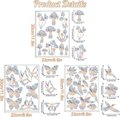 34PCS Window Clings Butterfly Mushroom Leaf Hummingbird for Glass Windows,Anti-Collision Window Decals to Save Birds Strike Prevention,Non Adhesive Prismatic, Rainbow Suncatcher Stickers in Saudi Arabia