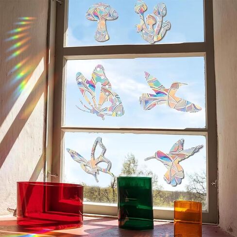 34PCS Window Clings Butterfly Mushroom Leaf Hummingbird for Glass Windows,Anti-Collision Window Decals to Save Birds Strike Prevention,Non Adhesive Prismatic, Rainbow Suncatcher Stickers in Saudi Arabia