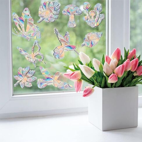 34PCS Window Clings Butterfly Mushroom Leaf Hummingbird for Glass Windows,Anti-Collision Window Decals to Save Birds Strike Prevention,Non Adhesive Prismatic, Rainbow Suncatcher Stickers in Saudi Arabia
