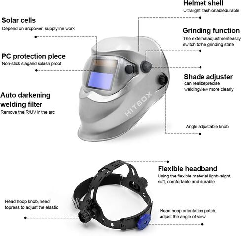 خوذة لحام من هيتبوكس تعمل بالطاقة الشمسية، غطاء تعتيم تلقائي مع نطاق ظل قابل للتعديل لقناع لحام البلازما TIG MIG ARC (فضي) in Kuwait
