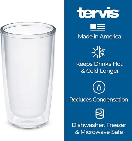 سطح الطاولة Tervis Crystal Clear مصنوع في الولايات المتحدة الأمريكية، كوب سفر معزول بجدار مزدوج يحافظ على المشروبات باردة وساخنة، 16oz - 4pk، كلاسيكي in Kuwait
