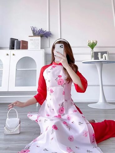 مجموعة زهرة الشيفون آو داي| الفيتنامية الحديثة المعدة مسبقًا آو داي | المرأة آو داي مع السراويل | السنة القمرية الجديدة in Kuwait