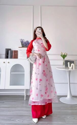 مجموعة زهرة الشيفون آو داي| الفيتنامية الحديثة المعدة مسبقًا آو داي | المرأة آو داي مع السراويل | السنة القمرية الجديدة in Kuwait